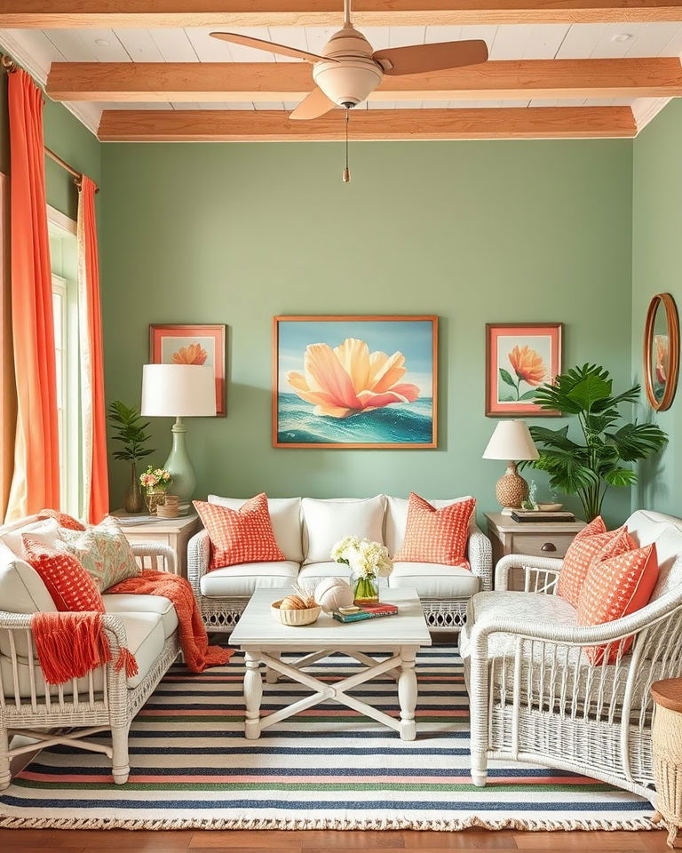 coastal inspired green and coral orange living room - 25 Green and Orange Living Room Ideas