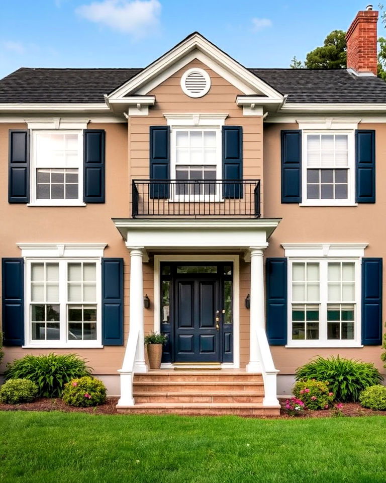 coastal inspired taupe and navy blue exterior - 20 Exterior Taupe House Color Combinations