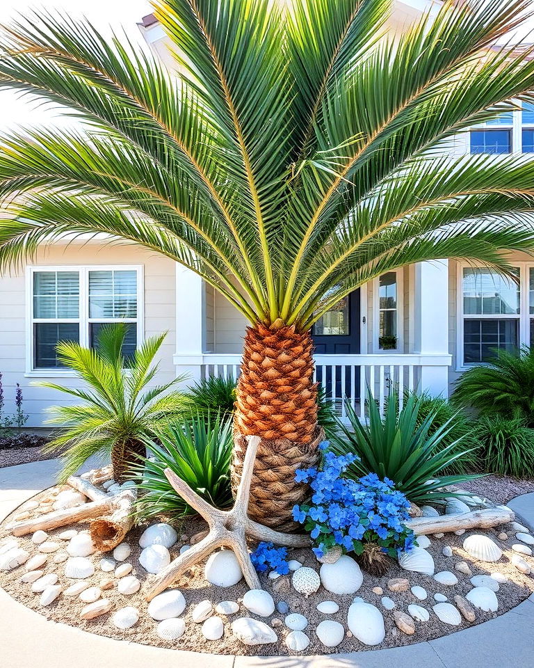 coastal themed palm and driftwood display - 25 Front Yard Palm Tree Landscape Design Ideas