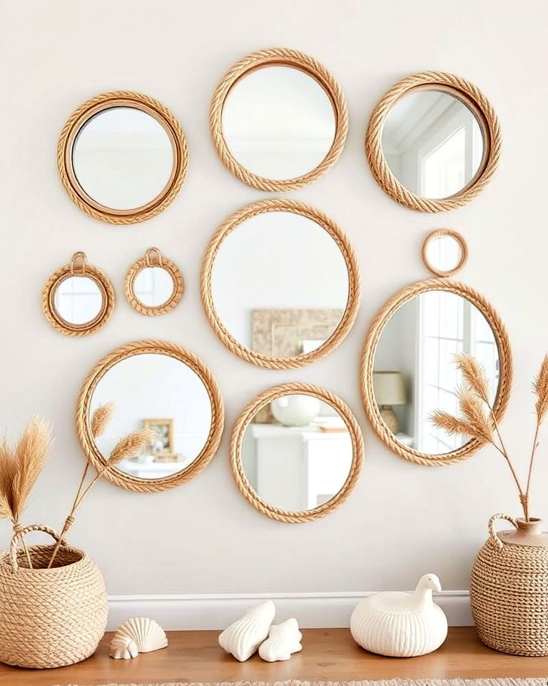 coastal vibe to your gallery wall by using mirrors with frames - 25 Mirror Gallery Wall Ideas