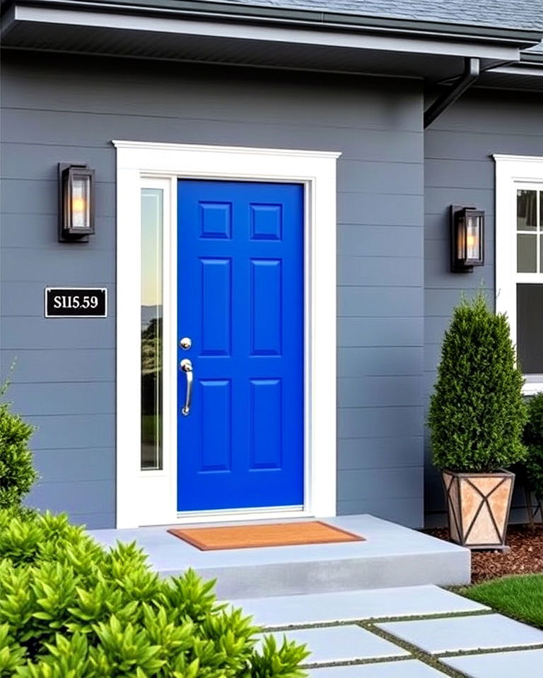 cobalt blue doors with grey house - 25 Grey House With Blue Door Ideas