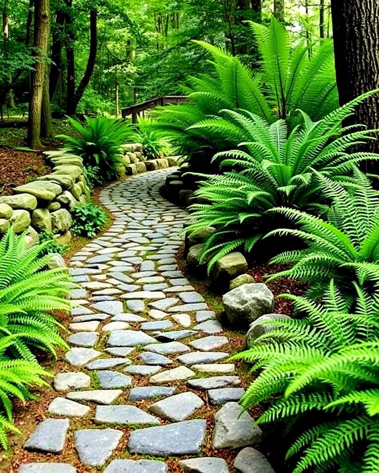 cobblestone woodland garden path with fern accents - 15 Woodland Garden Path Ideas