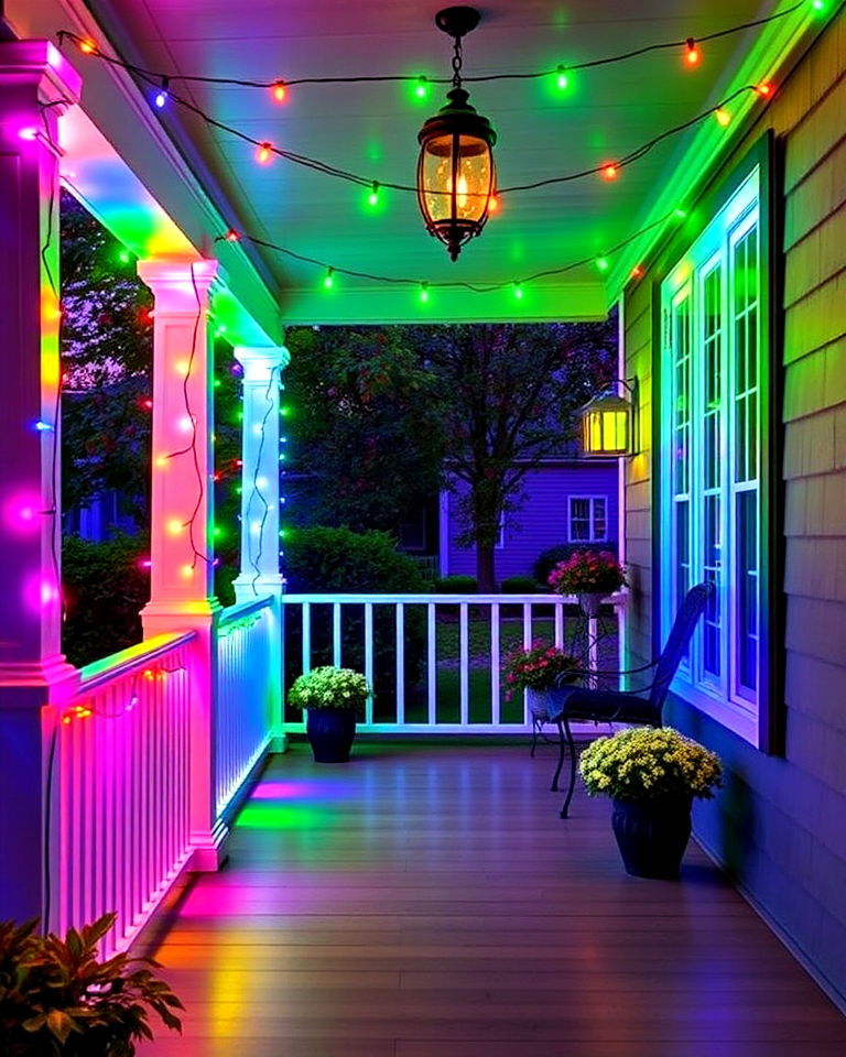 color changing string lights for playful energy - 15 Front Porch String Lights Ideas