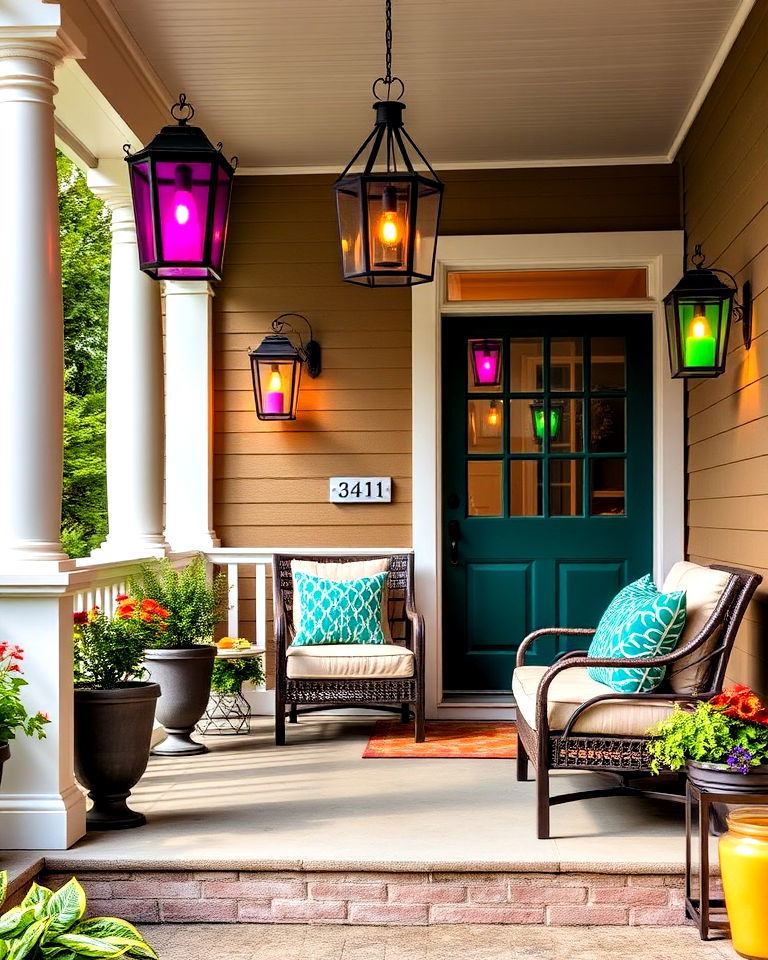 colored glass lanterns for vibrant accents - 15 Lanterns on Front Porch Ideas