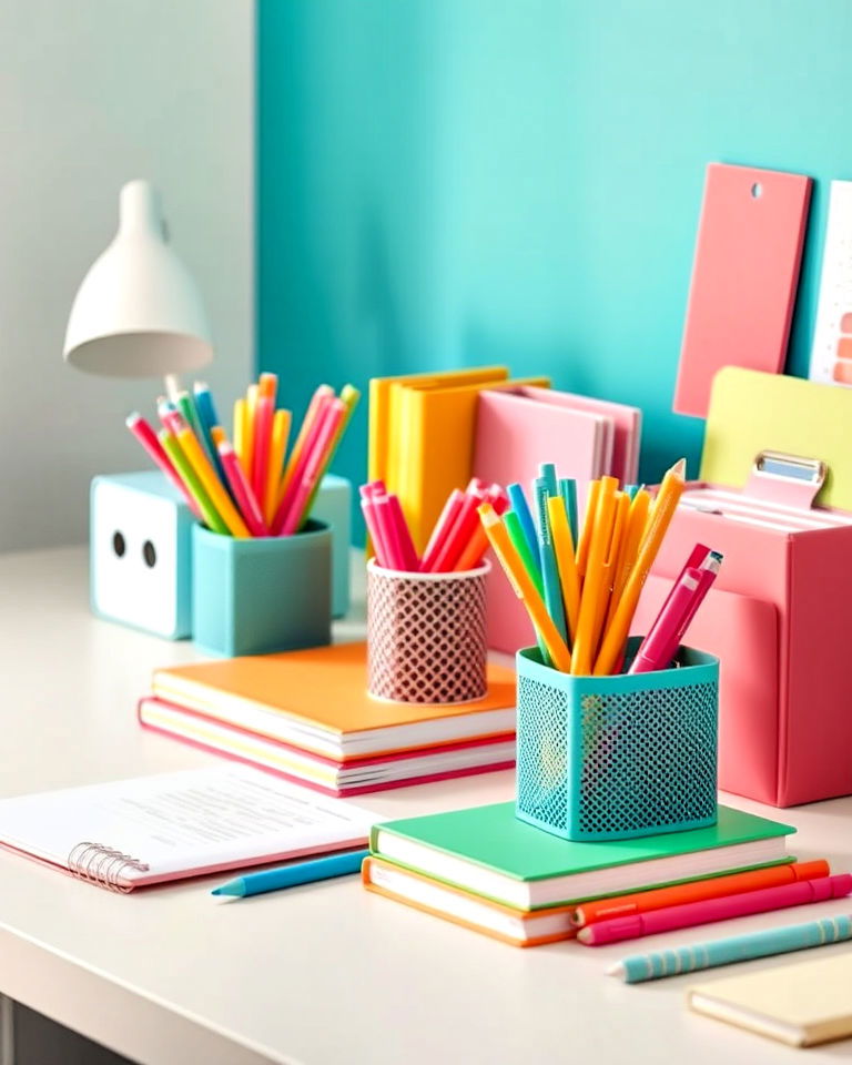 colorful desk accessories for office - 30 Colorful Home Office Ideas