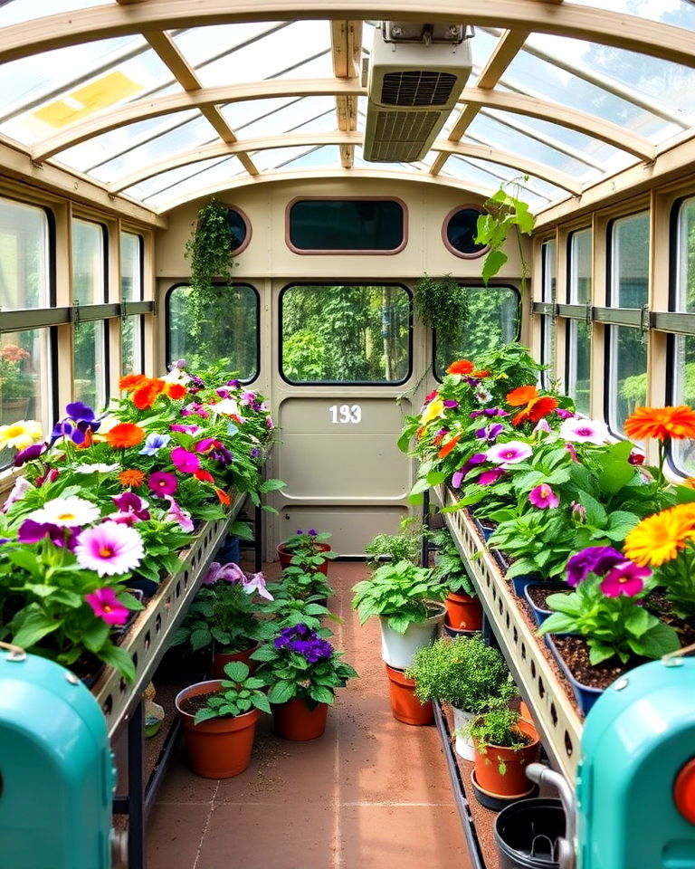 colorful edible flowers section - 15 School Bus Greenhouse Ideas