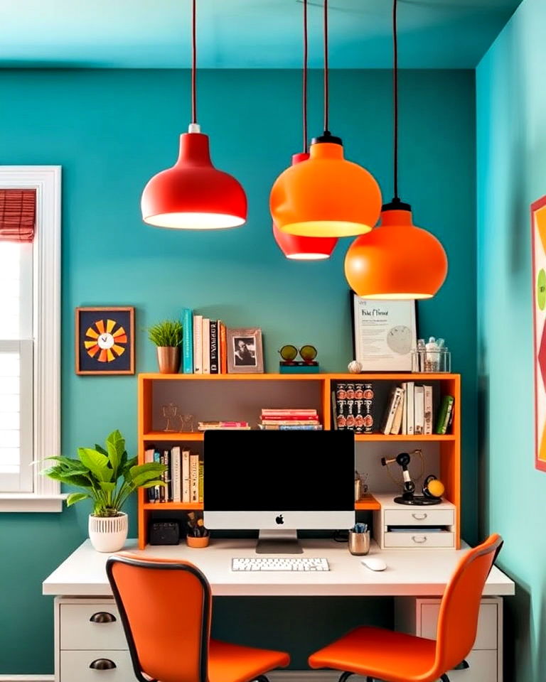 colorful pendant lights in unique shape - 30 Colorful Home Office Ideas