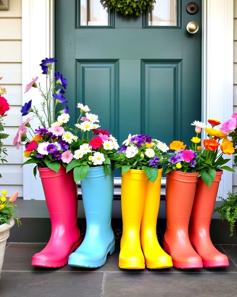 colorful rain boots into planters - 15 Spring Front Door Decor Ideas
