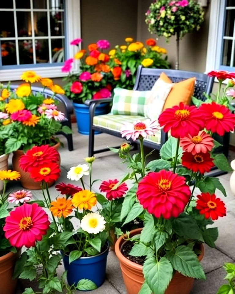 colorful retreat with zinnias in pots - 20 Zinnia Garden Ideas