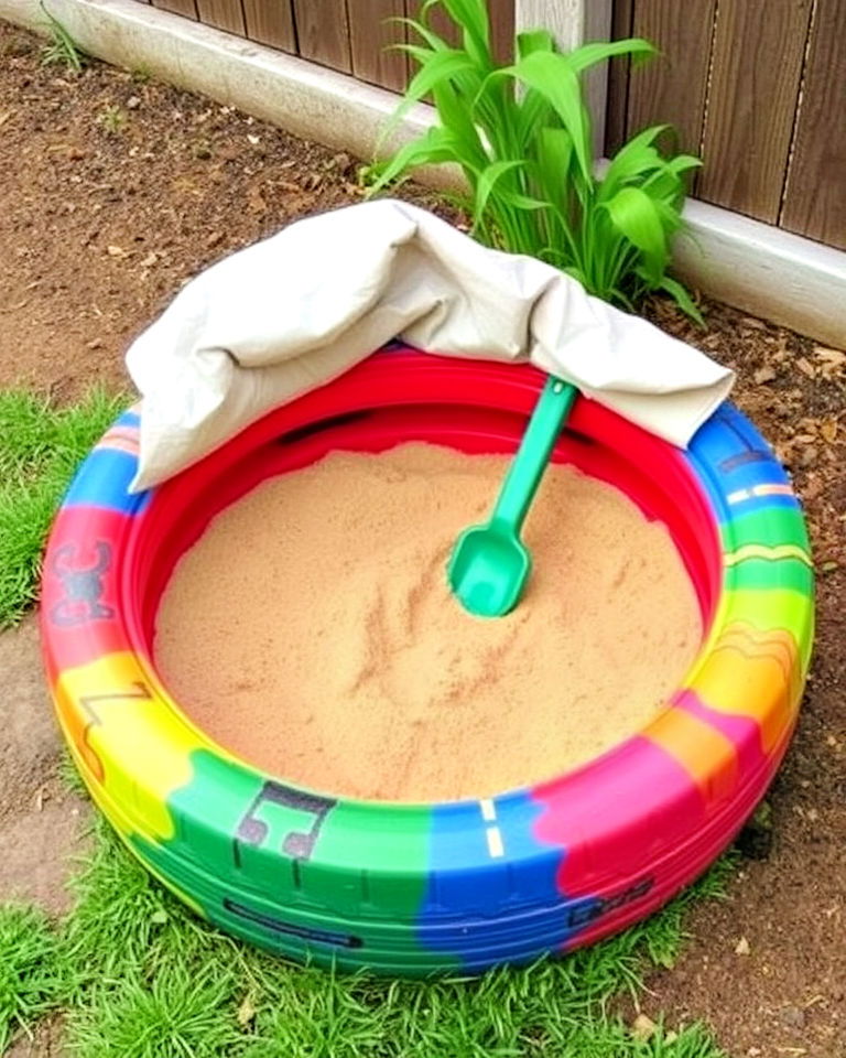 colorful tyre sandbox for children - 25 Recycled Tyre Garden Art Ideas