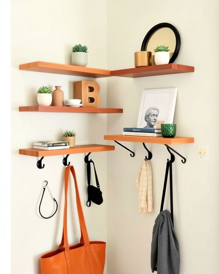 combining floating shelves and hooks - 15 Corner Entryway Ideas