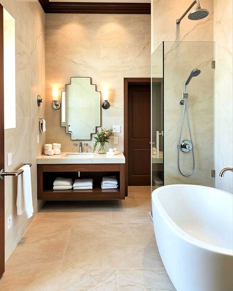 combining travertine and marble is an elegant design - 25 Travertine Bathroom Ideas