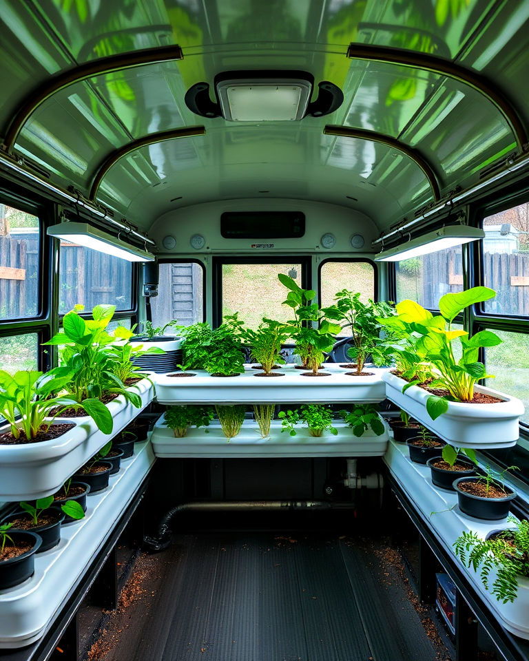 compact aquaponics integration - 15 School Bus Greenhouse Ideas