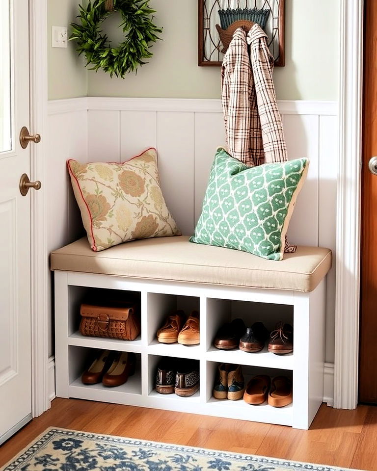 compact bench with built in storage - 15 Corner Entryway Ideas