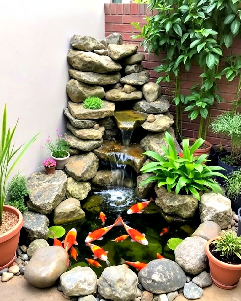 compact corner koi pond with waterfall - 15 Koi Pond Ideas With Waterfall