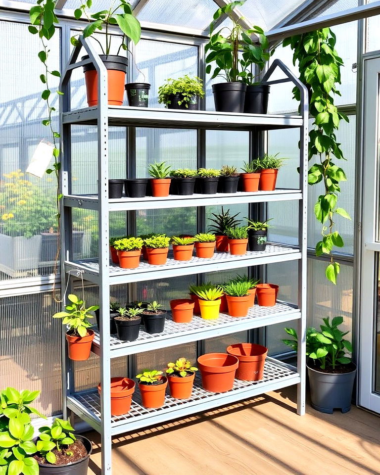 compact stackable greenhouse shelves - 25 Greenhouse Shelving Ideas