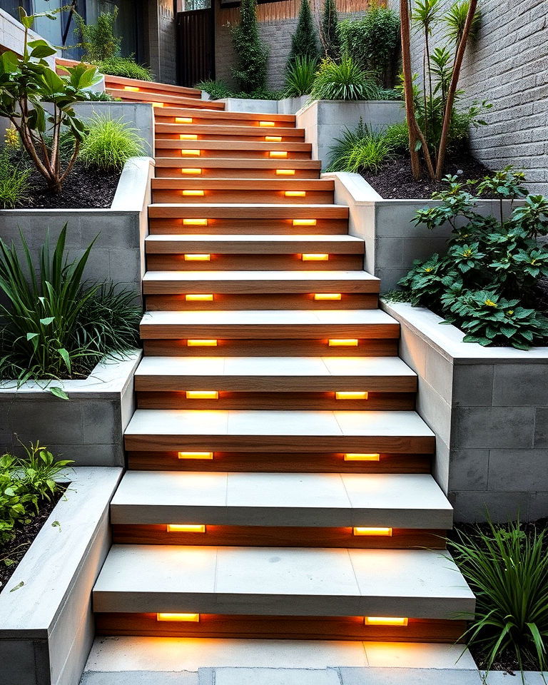concrete and wooden combos garden stairs - 20 Garden Stairs Ideas