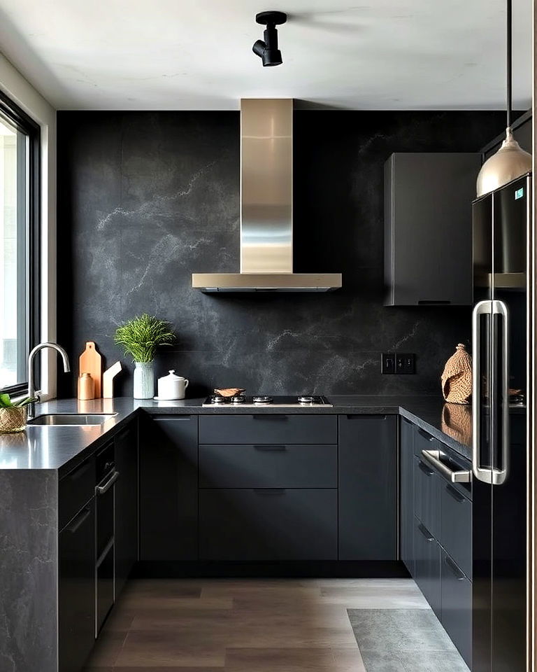 concrete inspired black backsplash for urban appeal - 20 Kitchens With Dark Backsplashes