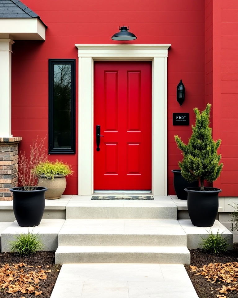 contemporary flair with matte red front door - 25 Red Front Door Ideas