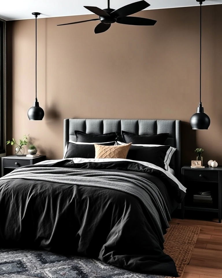 contrast khaki with moody charcoal bedroom - 15 Khaki Bedroom Ideas-captions
