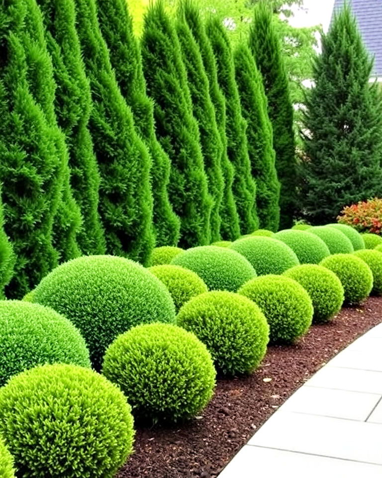 contrast with boxwood spheres - 25 Front Yard Evergreen Landscaping Ideas