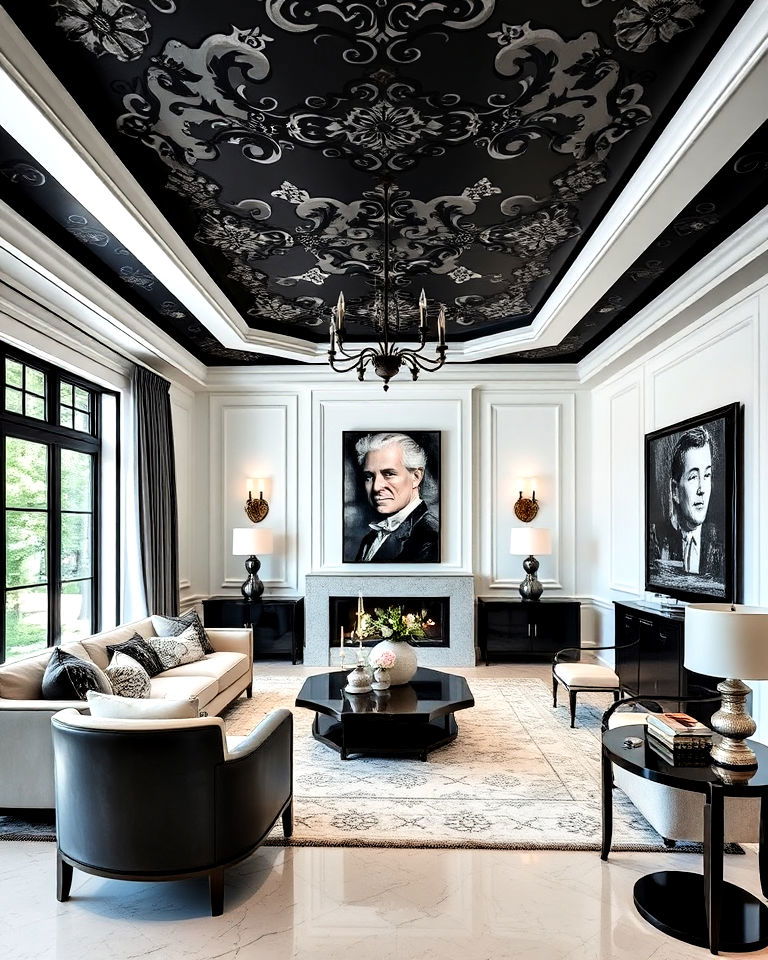 contrasting ceiling in living room - 20 Luxury Black and White Living Room Ideas