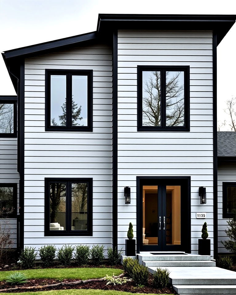 cool grey house with bold black framing - 25 Grey House With Black Trim