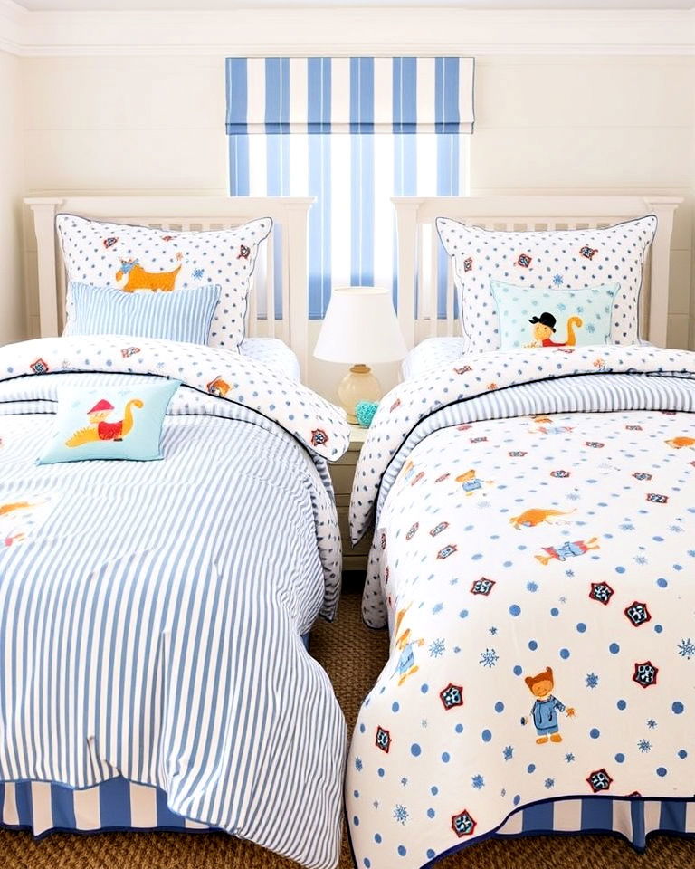 coordinated bedding for visual balance - 40 Shared Kids Room Design Ideas
