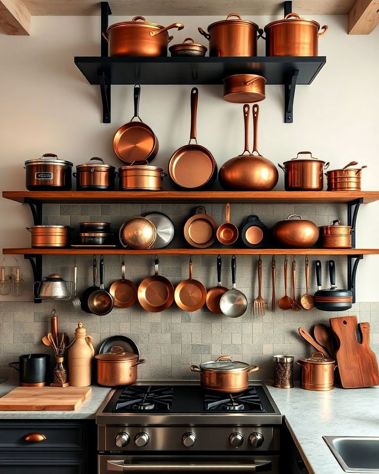 copper cookware displays for dark academia kitchen - 25 Dark Academia Kitchen Ideas