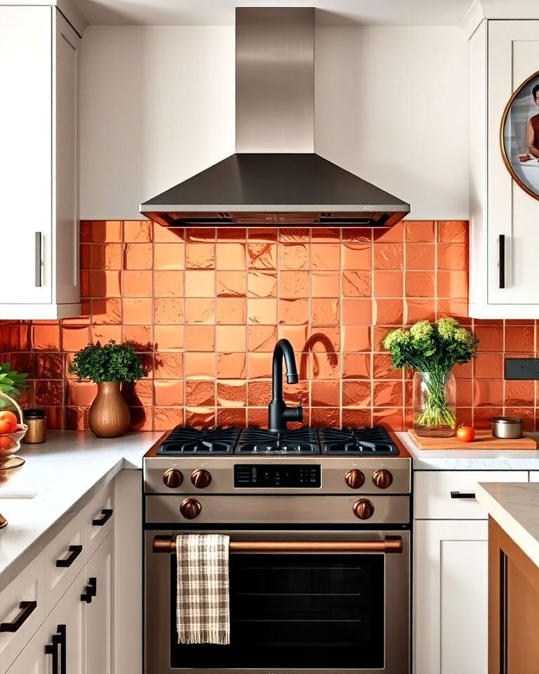 copper tinted mirrors for rustic warmth - 25 Mirrored Backsplash Kitchen Ideas