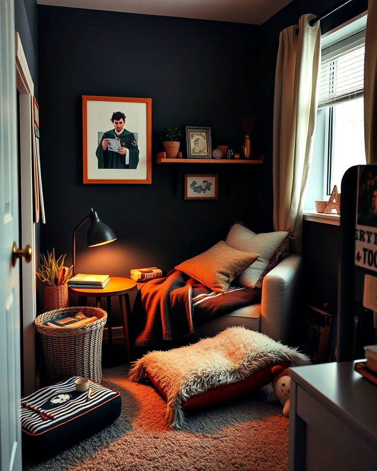 corner dorm room into a reading nook - 15 Dark Academia Dorm Room Ideas