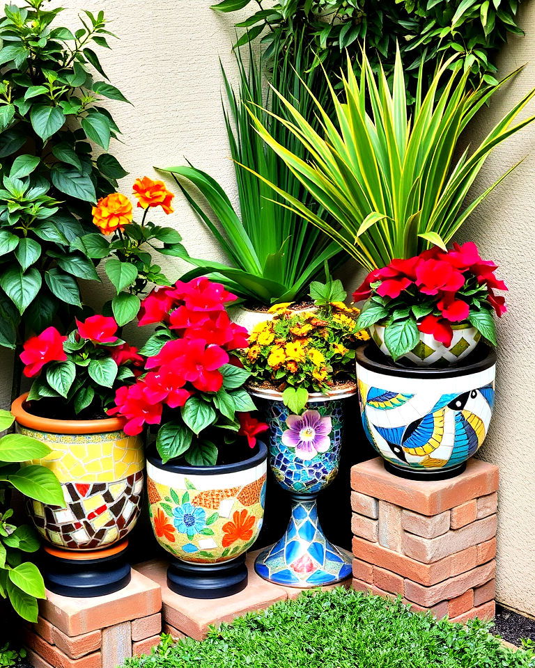 corner garden with a collection of mosaic pots - 15 Corner Garden Ideas With Pots