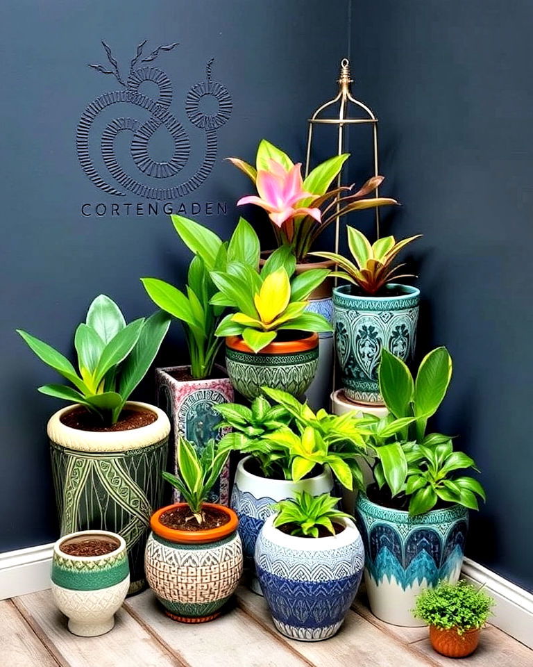 corner garden with decorative ceramic pots - 15 Corner Garden Ideas With Pots