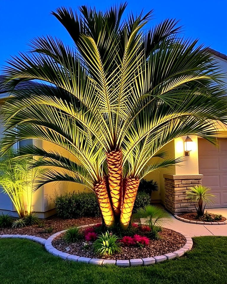 corner palm cluster with lighting features - 25 Front Yard Palm Tree Landscape Design Ideas