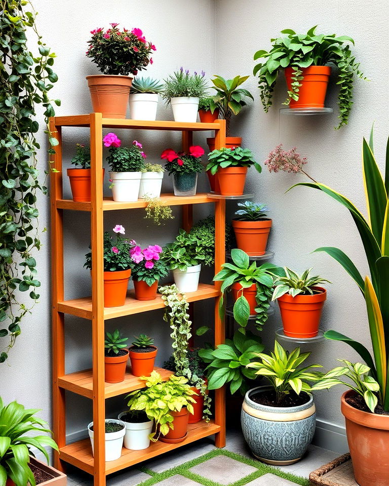 corner plant shelf display - 15 Corner Garden Ideas With Pots