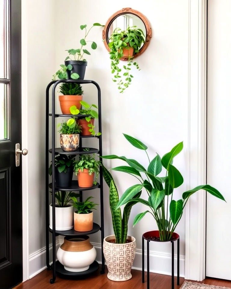 corner plant stand filled with greenery - 15 Corner Entryway Ideas