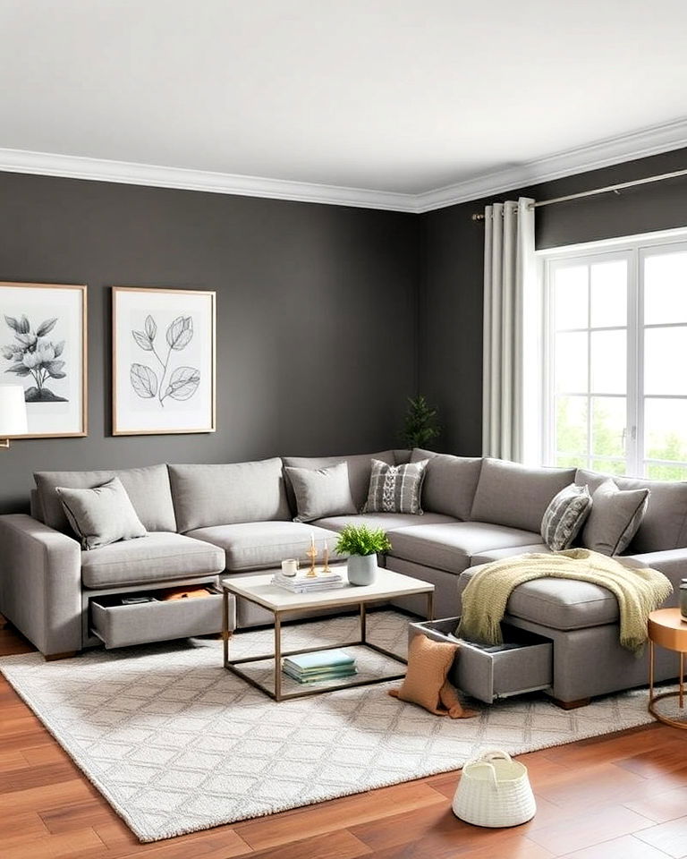 corner sectional with built in storage - 25 Small Living Room Sectional Layout Ideas