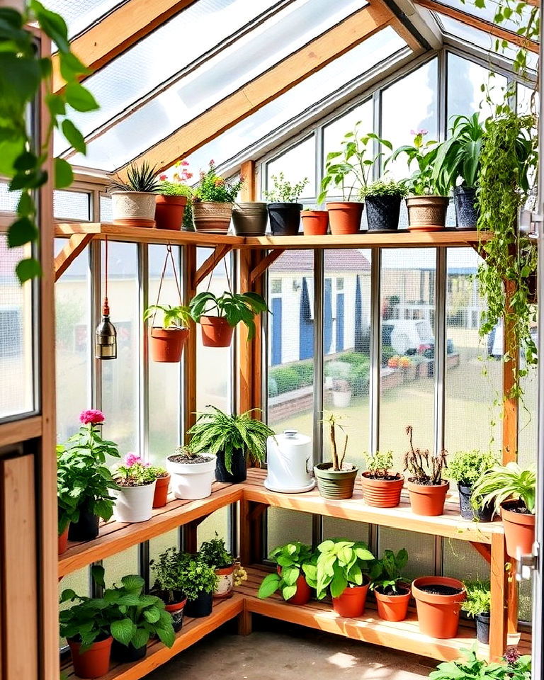 corner shelves greenhouse for unused areas - 25 Greenhouse Shelving Ideas