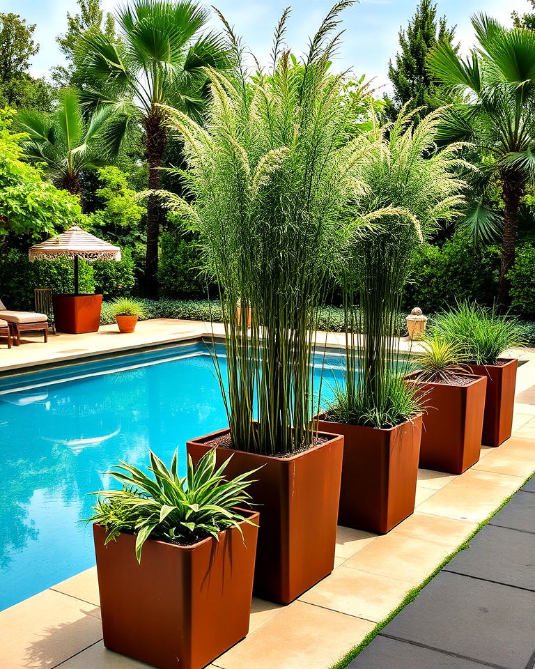 corten steel planters for industrial style - 25 Pool Planter Ideas