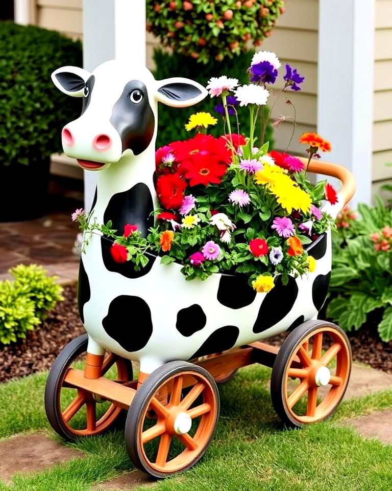 cow shaped garden cart into a unique mobile planter - 15 Cow Planter Pot Ideas