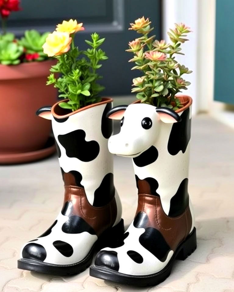 cow themed boots for smaller plants - 15 Cow Planter Pot Ideas
