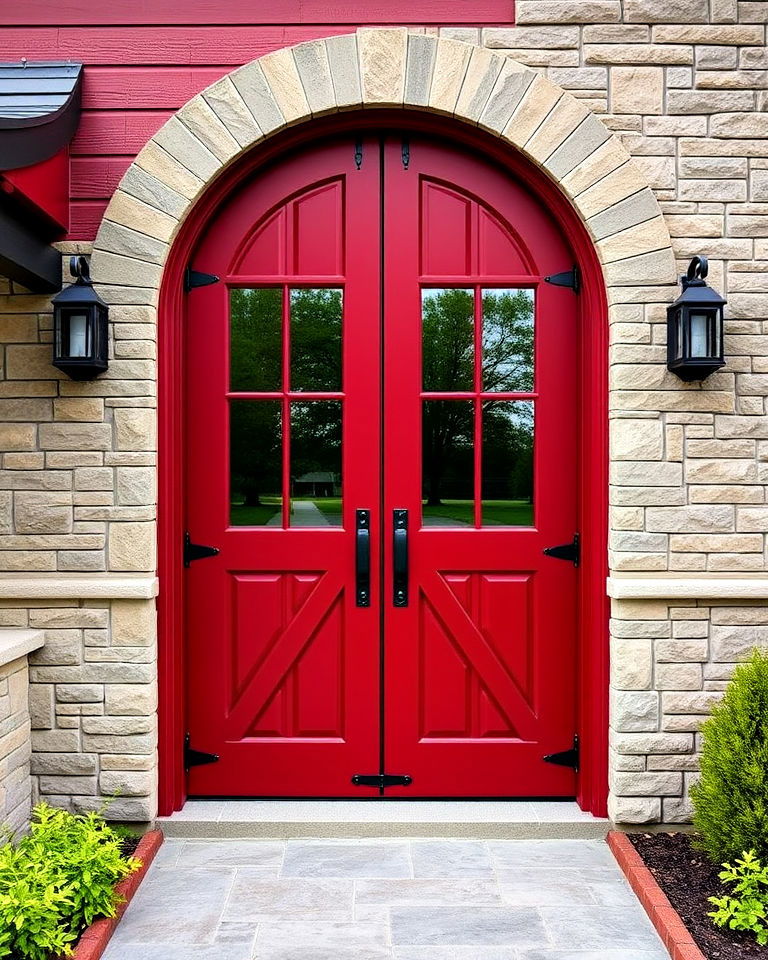 cozy barn style dark red door - 20 Dark Red Front Door Ideas