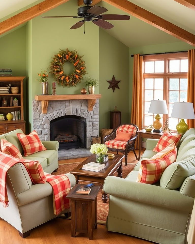 cozy cottage style green and orange living room - 25 Green and Orange Living Room Ideas