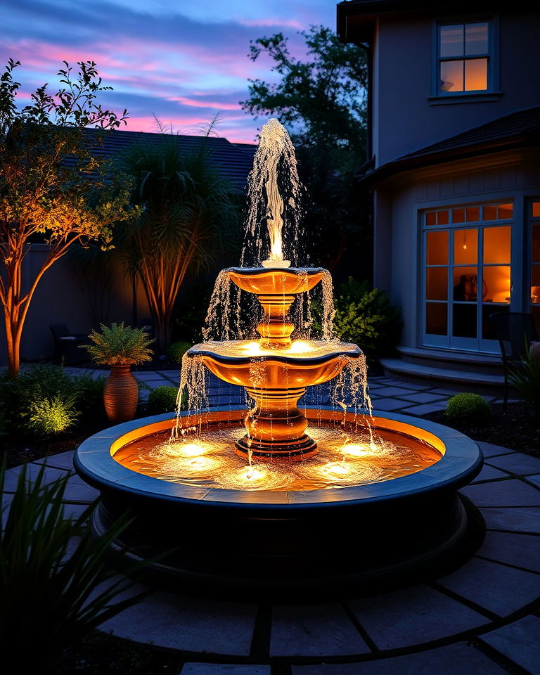 cozy courtyard illuminated fountain - 15 Courtyard Fountain Ideas