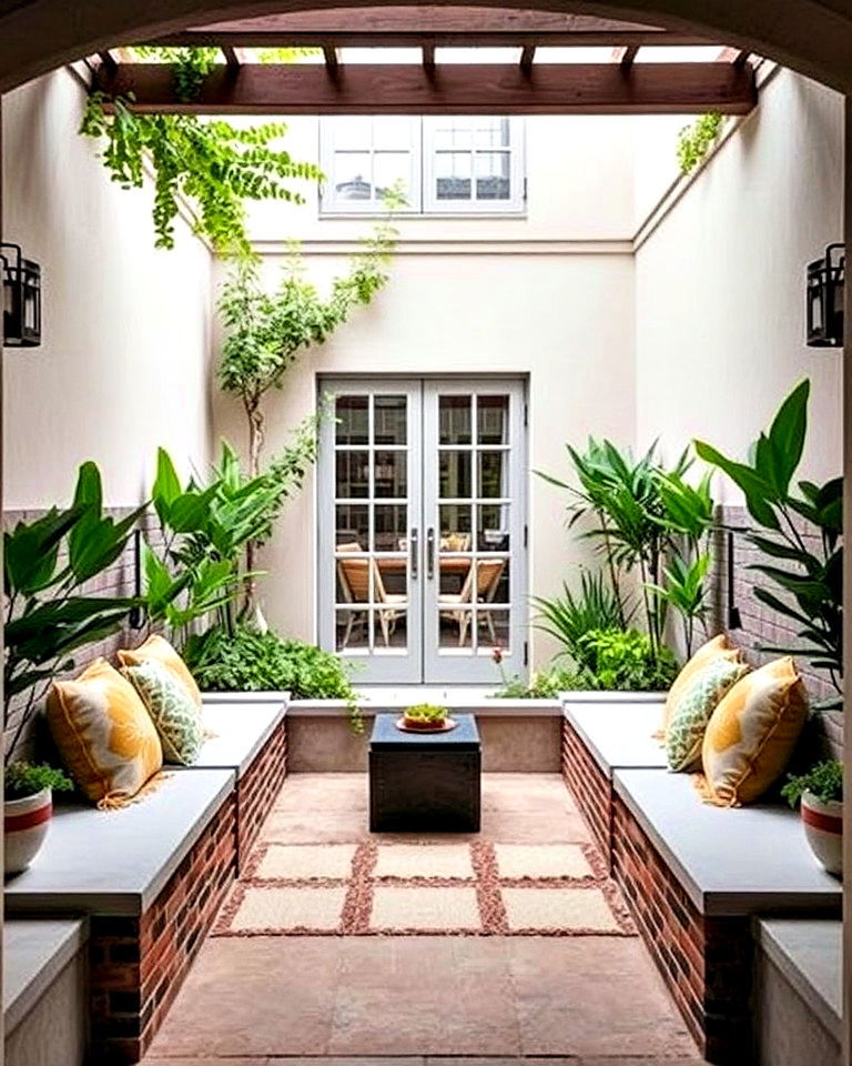 cozy courtyard with built in seating - 15 Enclosed Front Courtyard Ideas