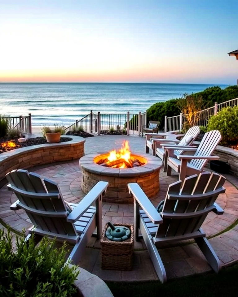 cozy focal point utdoor fire pit with ocean views - 25 Coastal Landscaping Ideas