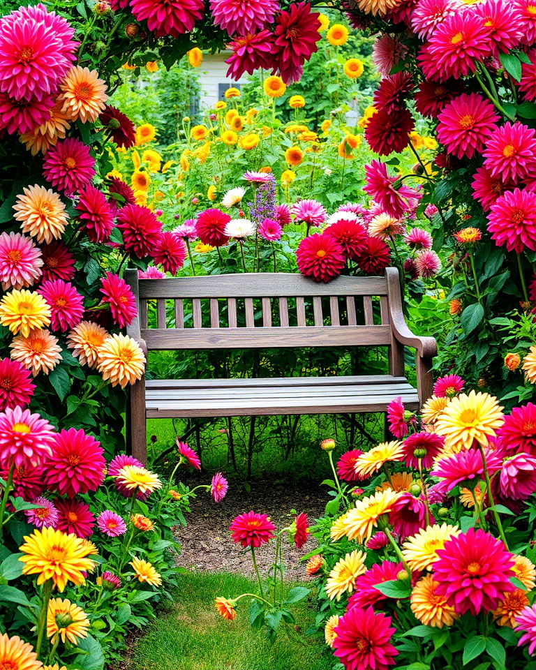 cozy garden bench with dahlias - 15 Dahlia Garden Ideas