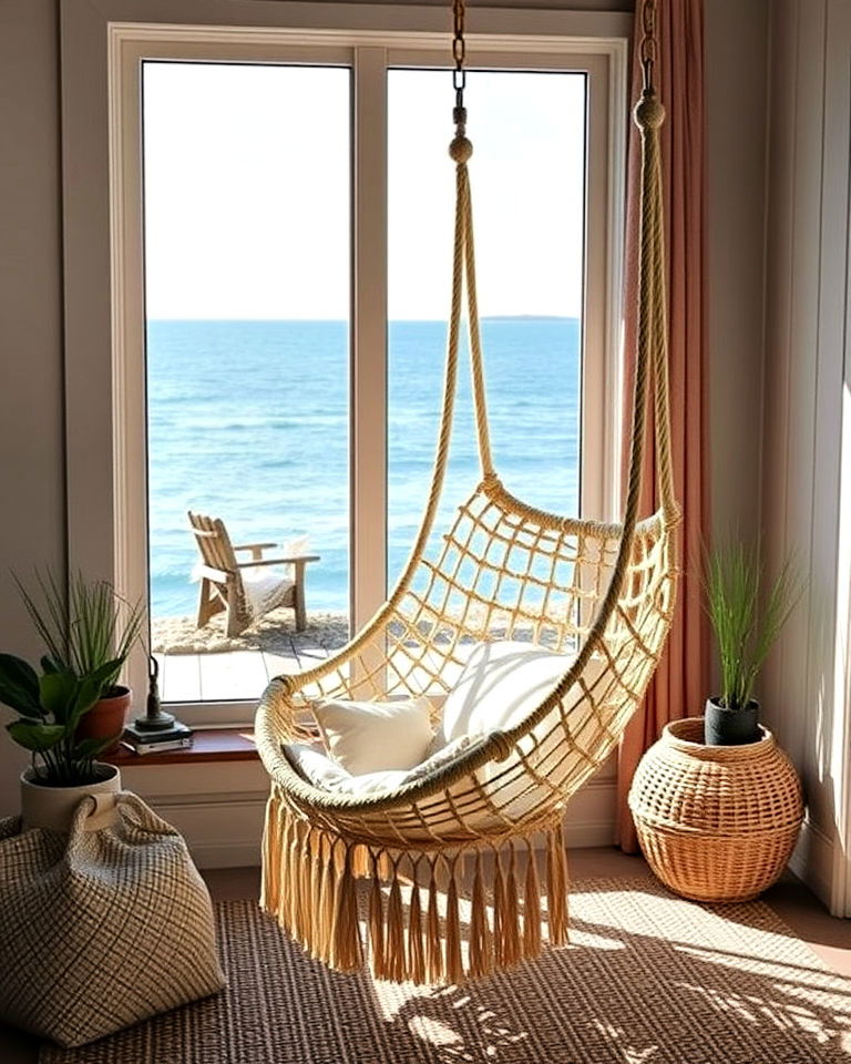 cozy hanging hammock chair - 30 Beach House Interior Design Ideas