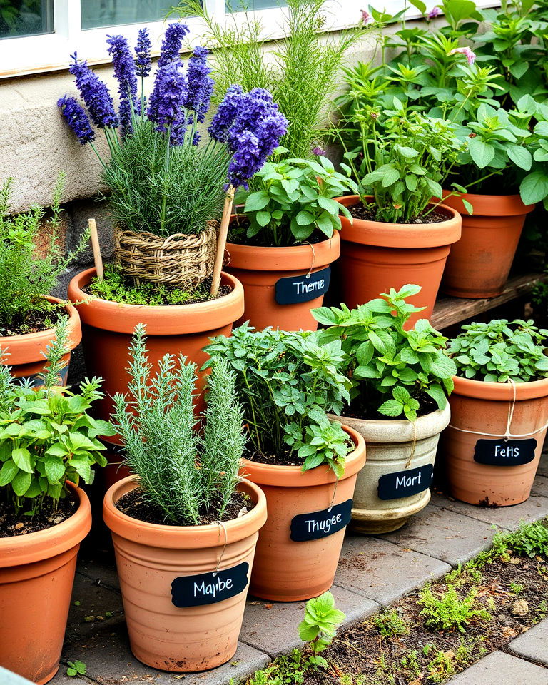cozy herb garden in vintage pots - 15 Cottagecore Garden Ideas