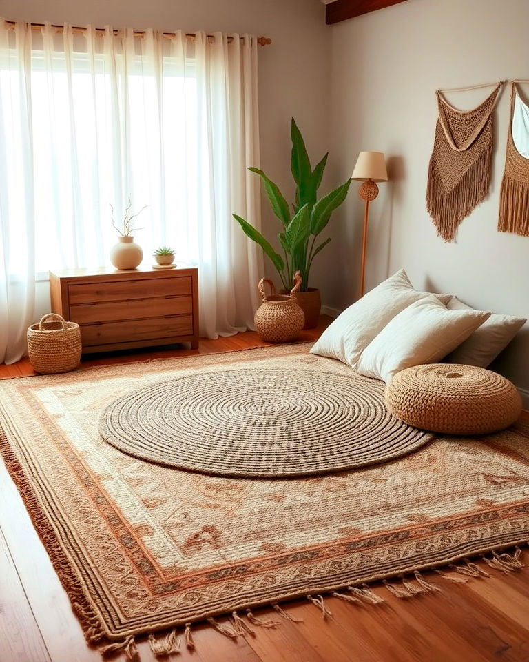 cozy layered rug for grounding energy - 15 Boho Meditation Room Ideas
